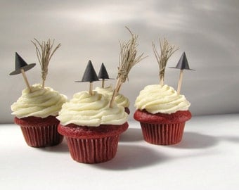 Halloween Cupcake Toppers, Witch hats and brooms cupcake toppers witch cupcake decoration