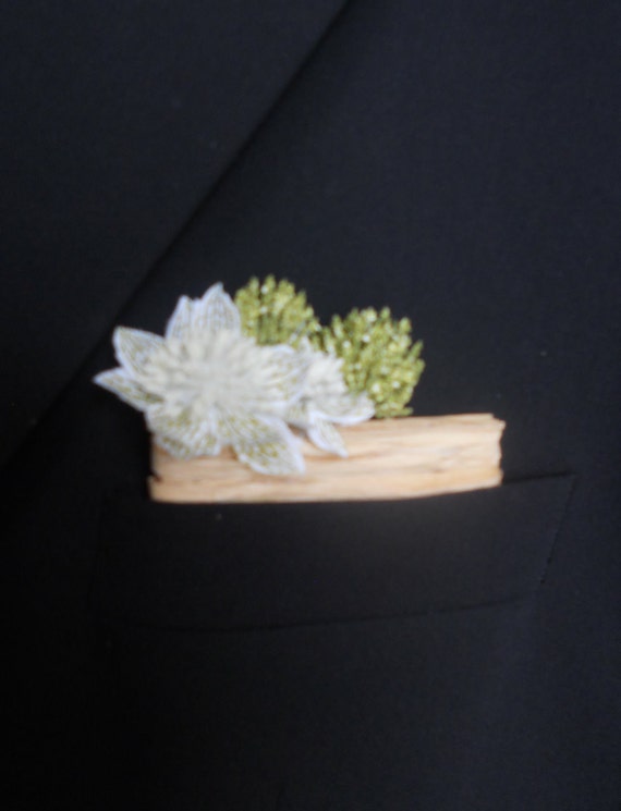 Items similar to pocket square wedding boutonniere white and green for 