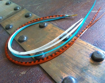 Long Feather Hair Extension Turquoise, Naturals, Orange Grizzly Bundled Rooster Hair Feather Extensions 5 Bonded Long Hair Feathers