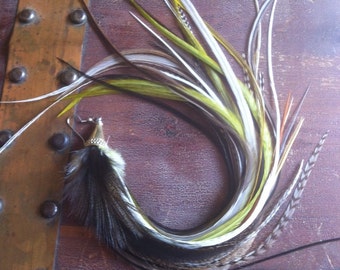 XL Single Feather Earring 14 inch Earthy Natural Super Long Feather Earing Single Grizzly Olive, Hippie Feather Jewelry