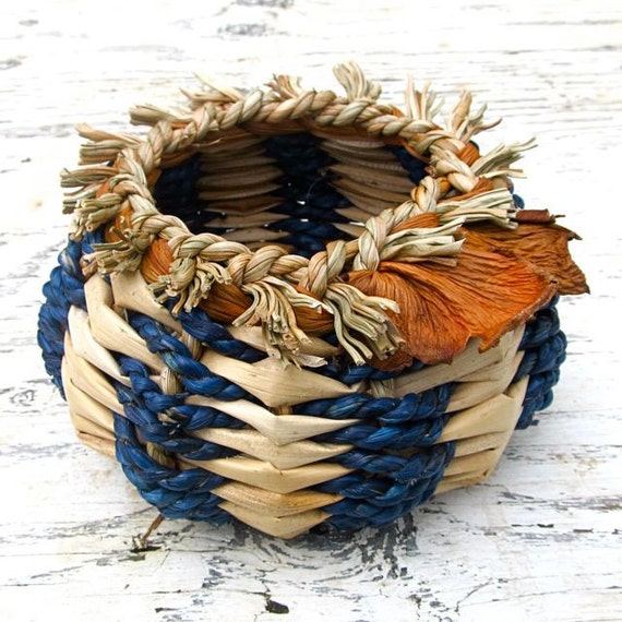 Items similar to Hand Woven Basket, Hawaiian Rustic Natural Blue, Home