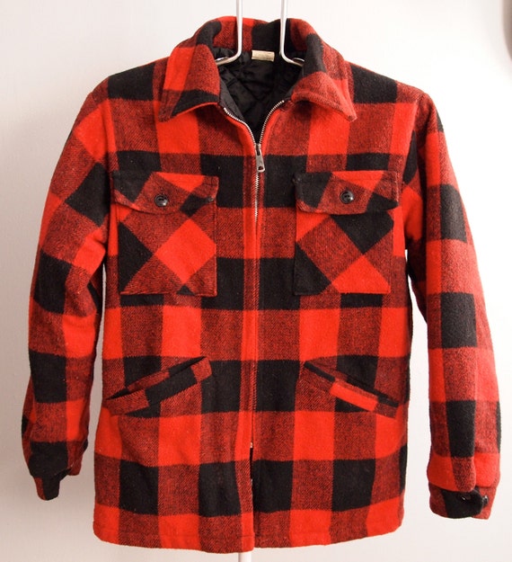 Red Black Wool Plaid Coat Jacket size Medium