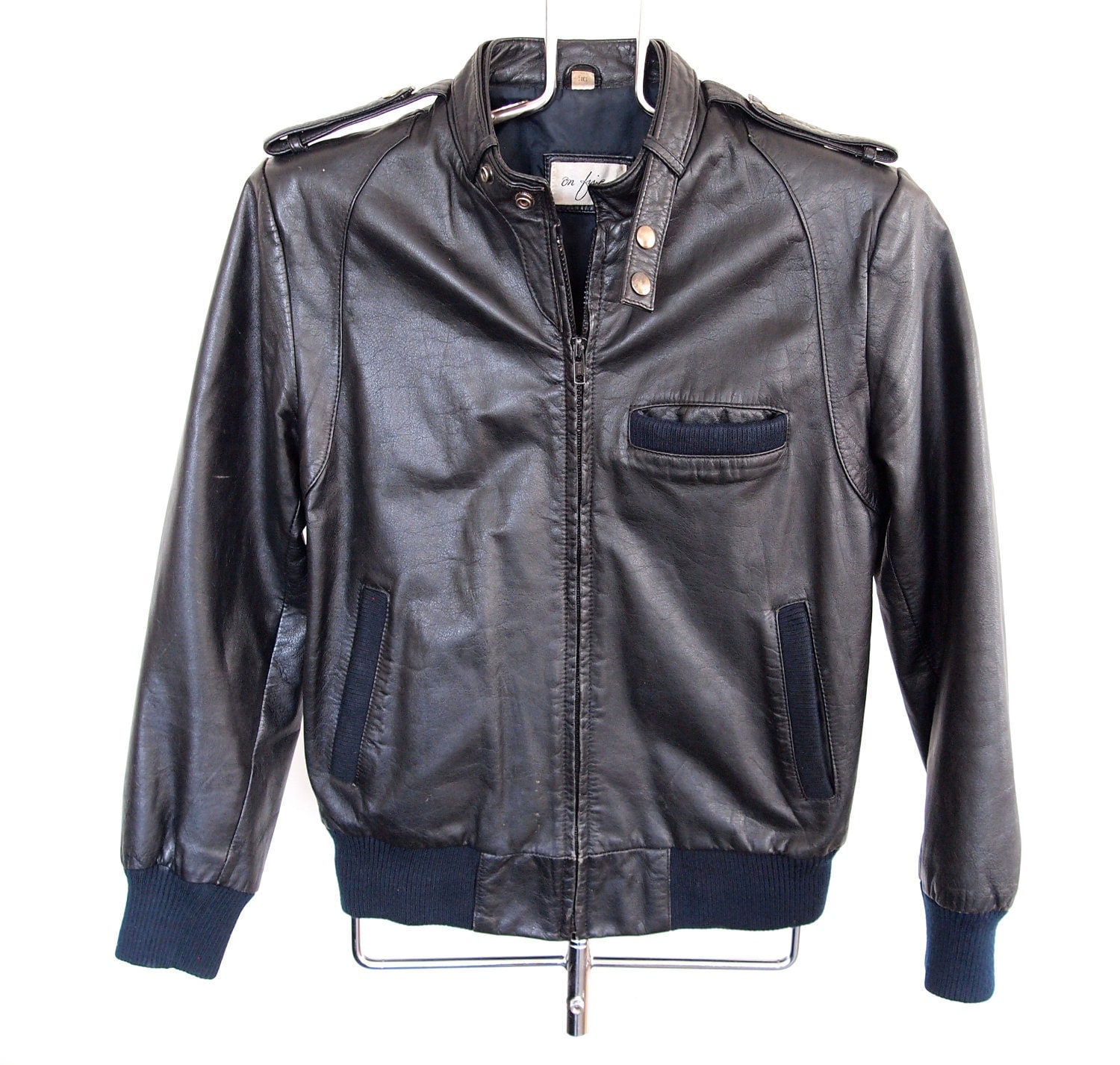 Black Leather Members Only Style Jacket 36 Small On Fire