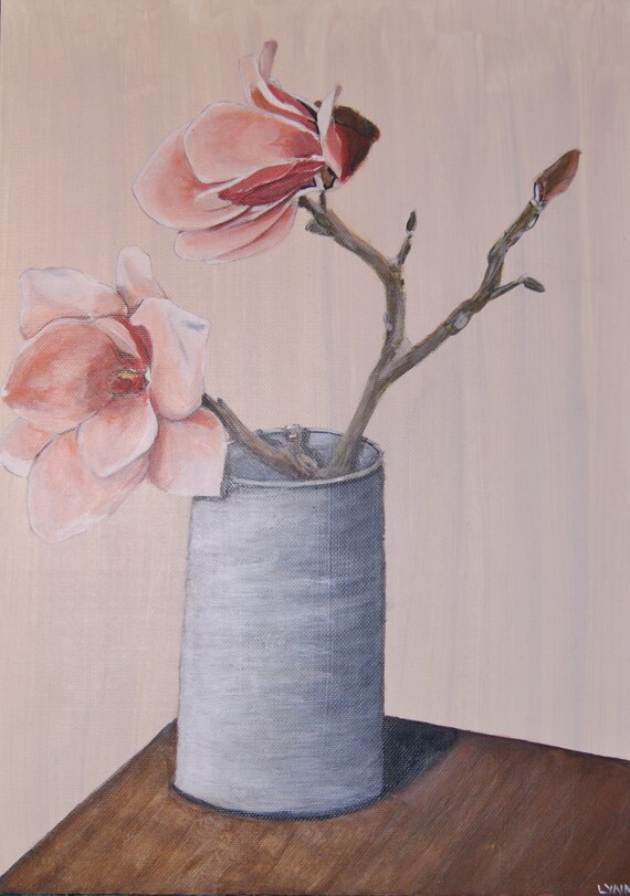 Magnolia flower painting. Flower painting. Pink flower painting. Tin vase painting. Original acrylic painting. By LYNNPAINTS on etsy. FWB