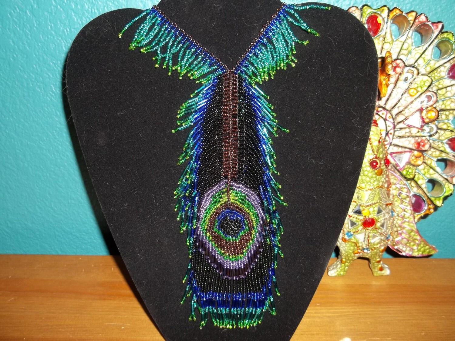 Beaded Peacock Feather Necklace