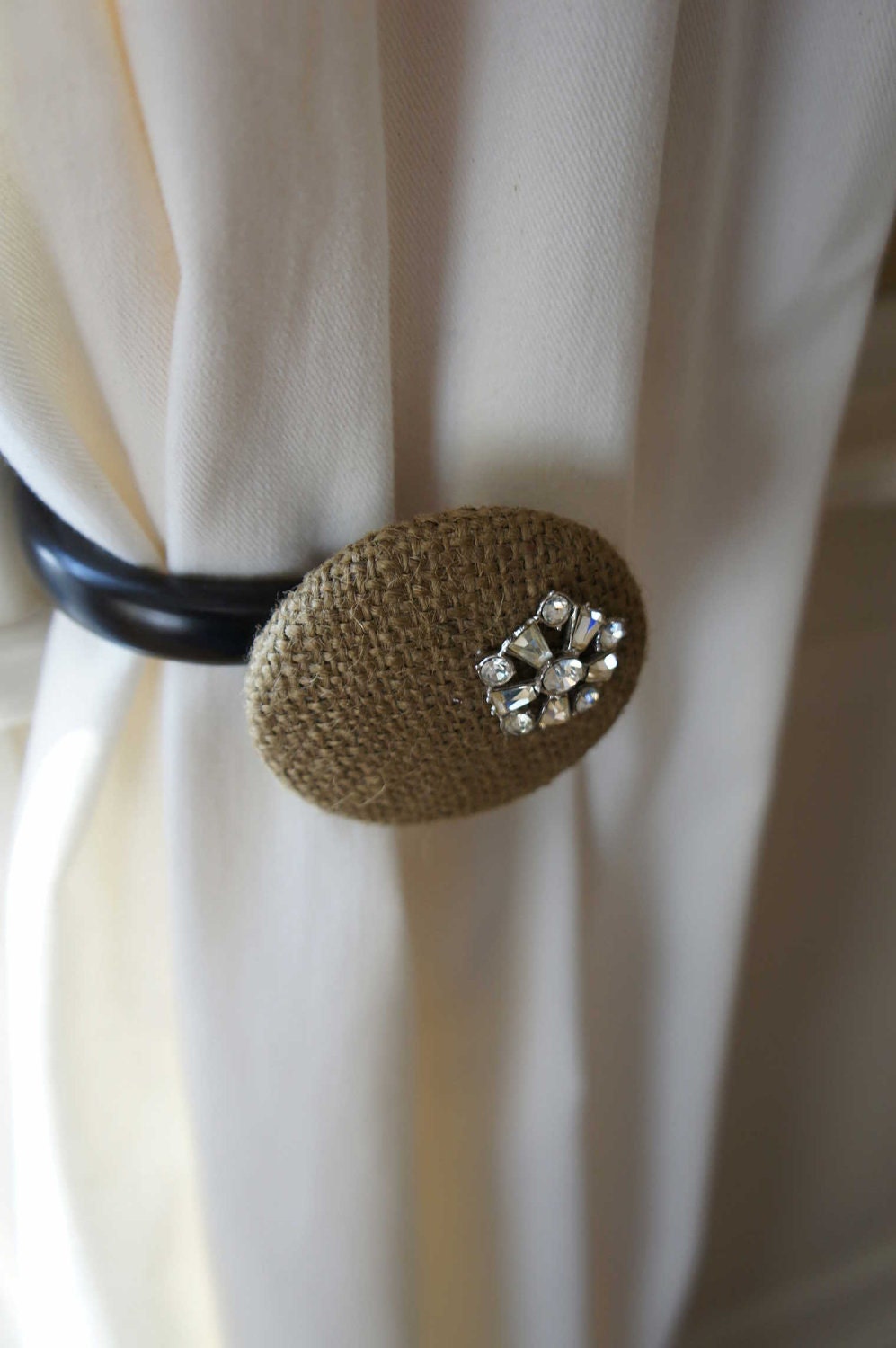 Curtain Tie Backs Burlap Brown Vintage Rhinestone Cottage Chic