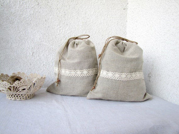 2 Linen and lace Drawstring bags gift bag reusable eco