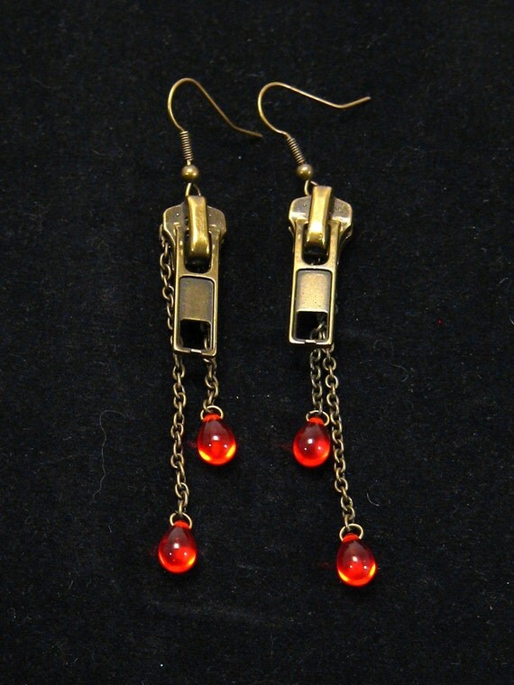 Zipper dangle earrings brass tone red glass drops recycled