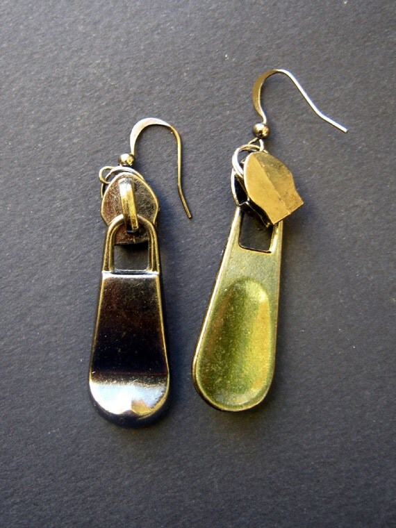 Zipper earrings gunmetal recycled zipper pulls