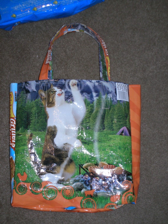 Recycled CAT food BAG tote BBQ cat orange washable by mommymeow