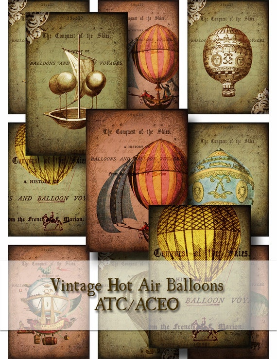 Vintage Hot Air Balloons ATC -Digital Collage Sheet- aceo altered art hang tags greeting cards flying tattered air ships by EphemerasGarden steampunk buy now online