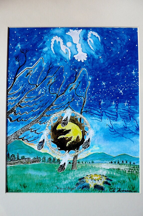 Native American Wolf art howling wolf watercolor art print