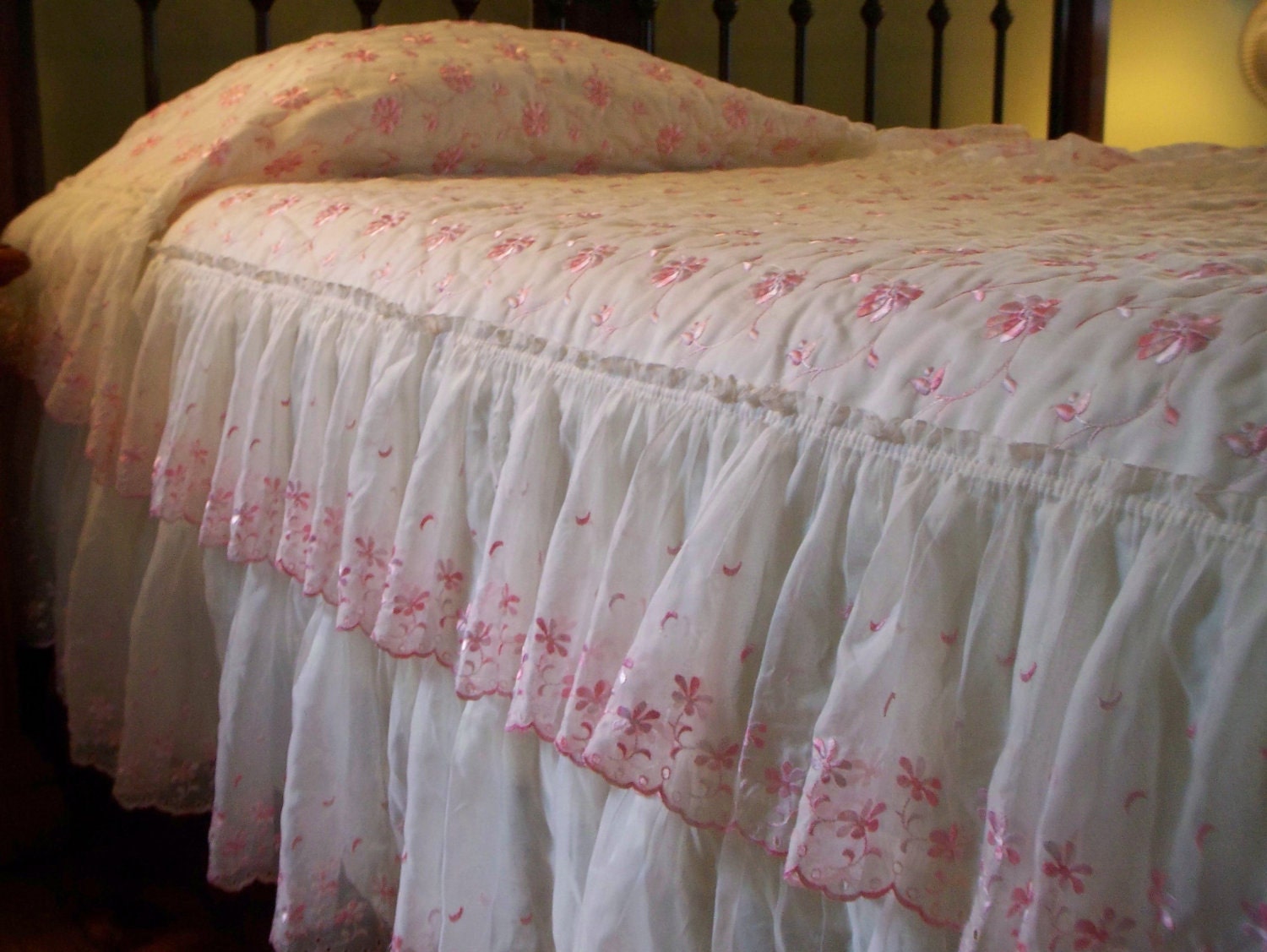 Bedspread ruffled princess style twin pink floral embroidered