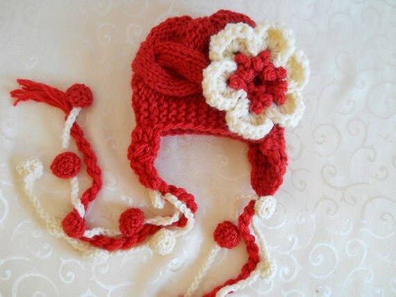 Baby Girl Hat With Flower and Popcorns  - Baby Ear Flap Hat