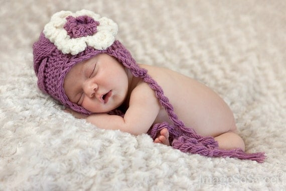 Newborn Baby Girl Hat  - Knit Baby Hat With Flower - Knit Newborn Hat