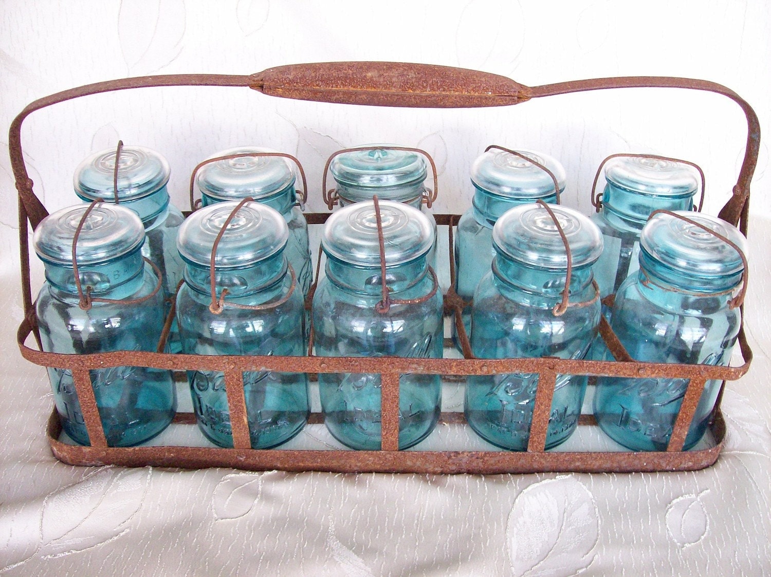 SALE Antique Blue Mason Jar Set With Holder   Il Fullxfull.216680573 