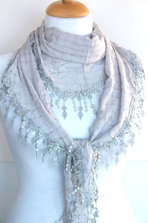 Light Grey Cotton Scarf With Lace Wedding by mediterraneanlights