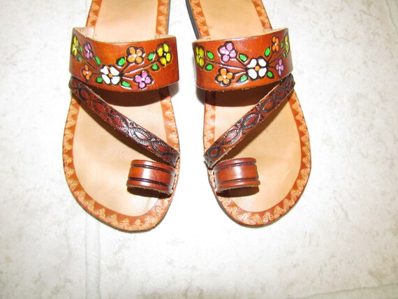Vintage Spanish Hand Tooled Painted Leather Hippie Sandals 7