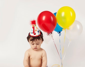 Baby Boys First Birthday Outfit Cake Smash Birthday Outfit including a necktie diaper cover & party hat in Primary Polka Dot