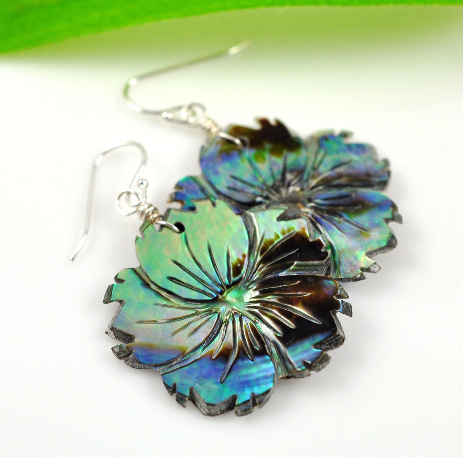 Hawaiian shell earrings carved abalone hibiscus by lostaloha