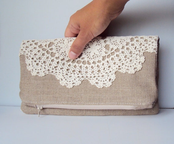 Large Burlap Foldover Zipper Clutch Vintage by JuneberryStitches