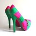 Gold Spiked Suede Pumps- Pink and Green Stripes