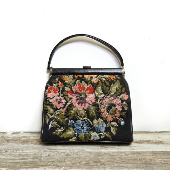 Vintage Large Black Needlepoint Handbag with by highclasshillbilly
