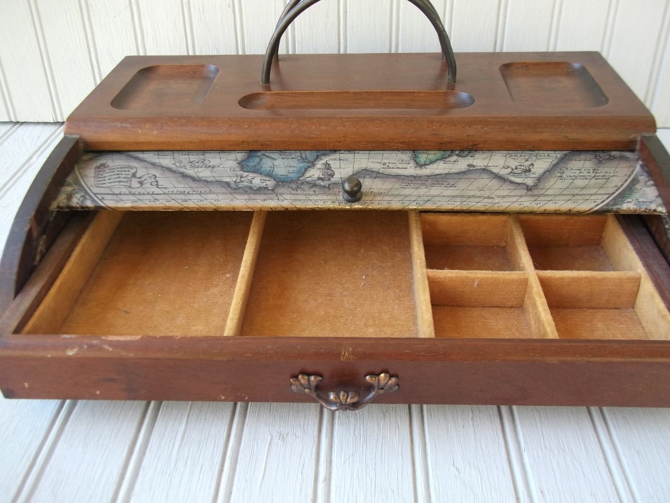 vintage old world map wooden desk organizer and letter holder
