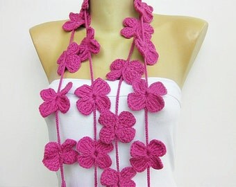 crochet lariat scarf ,flower lariat scarf ,crochet jewelery scarf ,