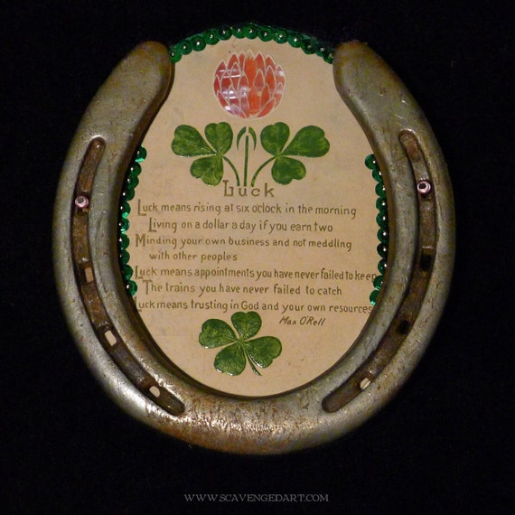 Horseshoe Art Vintage Luck Poem Four Leaf Clover Shamrock Good