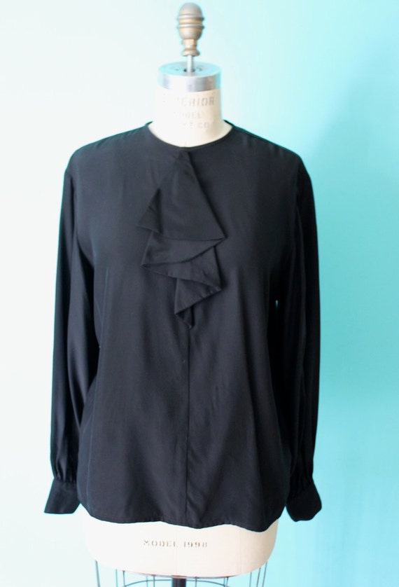 Vintage 80s Black Silk Blouse / Ruffle Jabot Neck Tie / Button