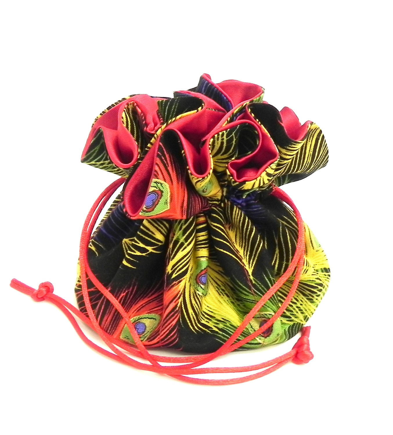 Drawstring Jewelry Pouch Red yellow green and blue peacock