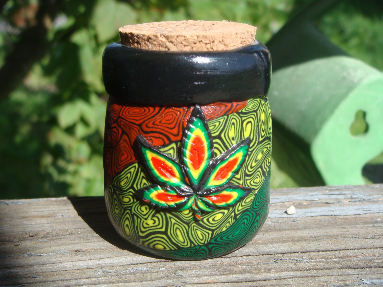 Polymer Clay Rasta Marijuana Leaf Stash Jar