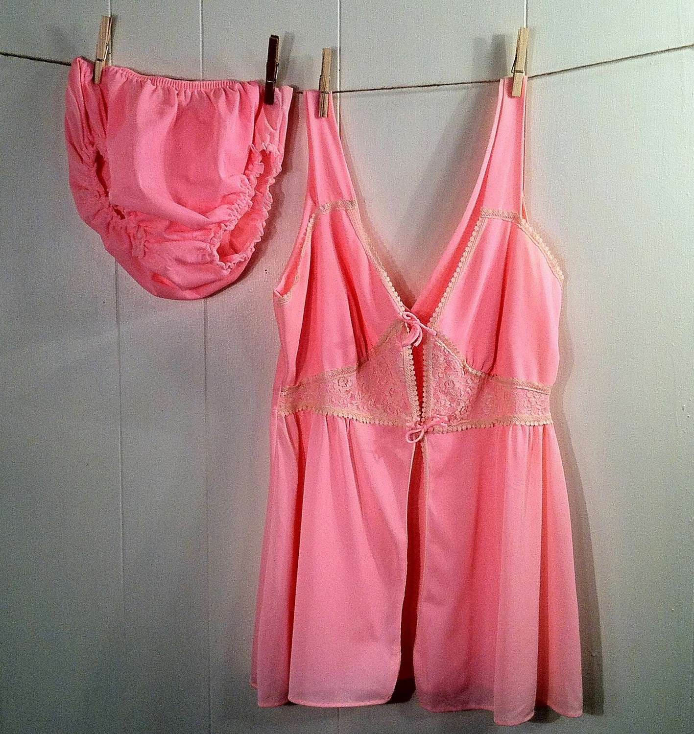 Vintage 1960s Pink Nylon Baby Doll Nightie Matching Bloomers