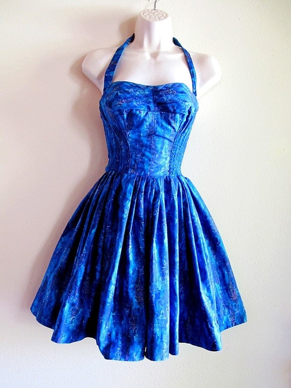 50s Sun Dress Blue Glorious Hawaiian Print Alfred Shaheen