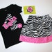 3 piece outfit - Black shirt with zebra print personalized name and number applique, zebra skirt, bow sizes NB - 16