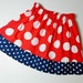 Girl, toddler, tween summer skirt with patriotic red, white and navy blue polka dot designer fabric in sizes NB - 16