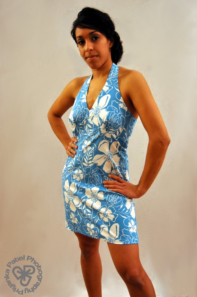 Hawaiian Print Halter Dress In Blue