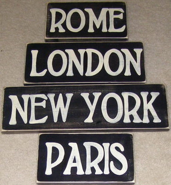 CITY SIGNS Plaques Set of 4 Rome London Paris New York Rustic