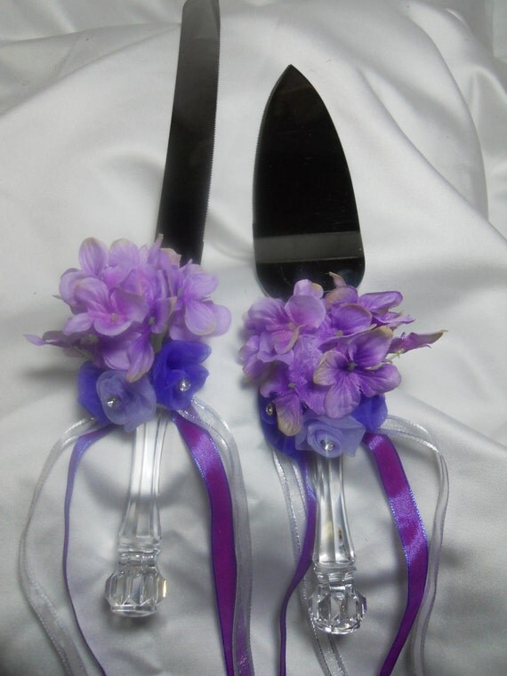Purple Wedding Cake Server Set Knife And Spatula With Silk