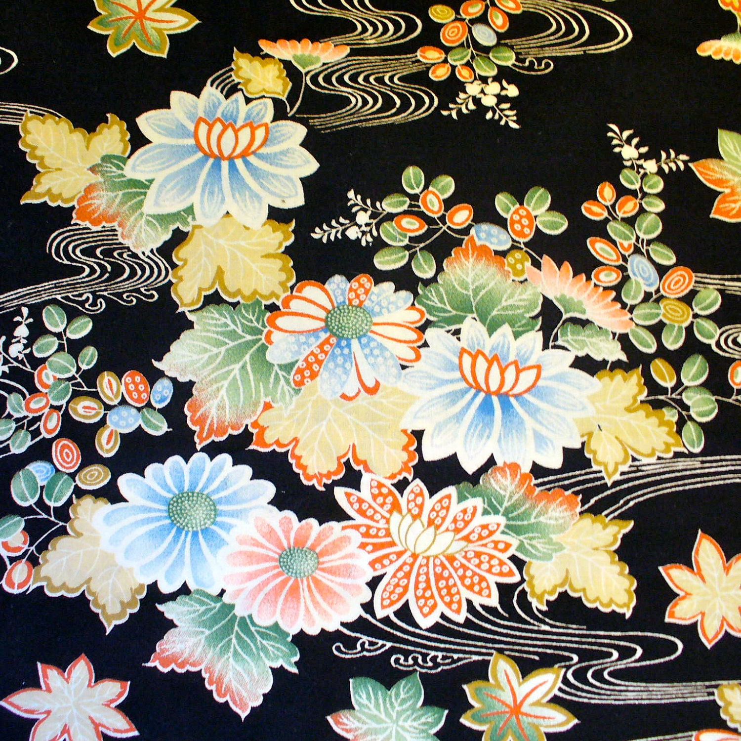 Oriental Floral Print Quilting Fabric Black Pastel Water Lily