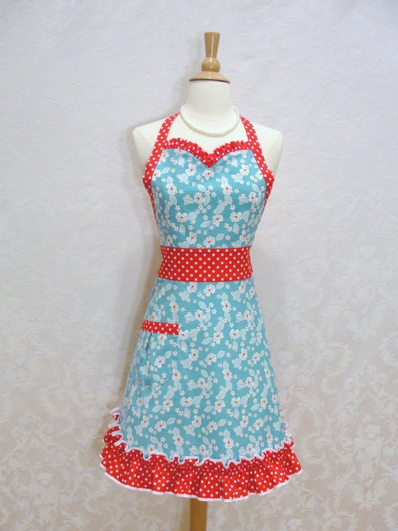 Adorable Floral Sweetheart Flirty Skirty Apron In Aqua Red