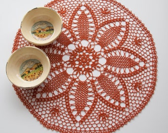 Crochet Doily, tabletop decor, lace centerpiece, rust, harvest orange, heirloom quality, cottage chic, mothers day, home decor