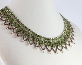 Green Necklace - Netted Collar Necklace - Beaded Jewelry - Beadwork Necklace - Seed Bead Jewelry - Beaded Necklace