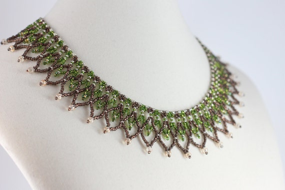 Green Necklace Netted Collar Necklace Beaded Jewelry