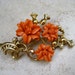 Vintage Celluloid Flower Brooch Faux Coral Lilies Faux Pearls Gold Tone
