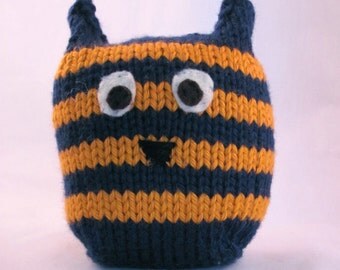 Plush Owl Toy, Blue and Orange Owl, Handknit Stuffed Owl