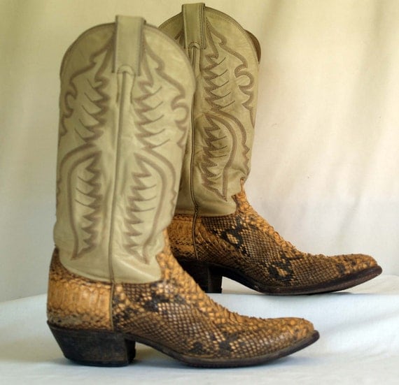 vintage justin snake skin cowboy boots with off white leather