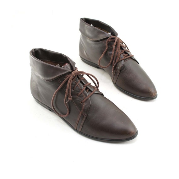 Fold Over Ankle Boot Brown Leather Lace up Pixie in Chocolate