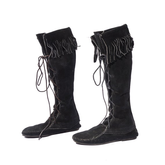 Minnetonka Moccasin Boots Lace up Knee High Fringe Cuffs Black